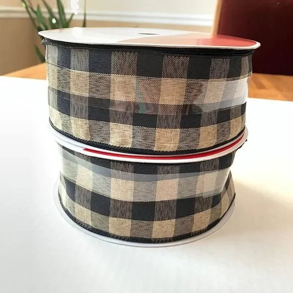 2 Celebrate It Christmas Plaid Buffalo Black Tan Wired Jumbo Ribbon 2.5 in New - Picture 1 of 5